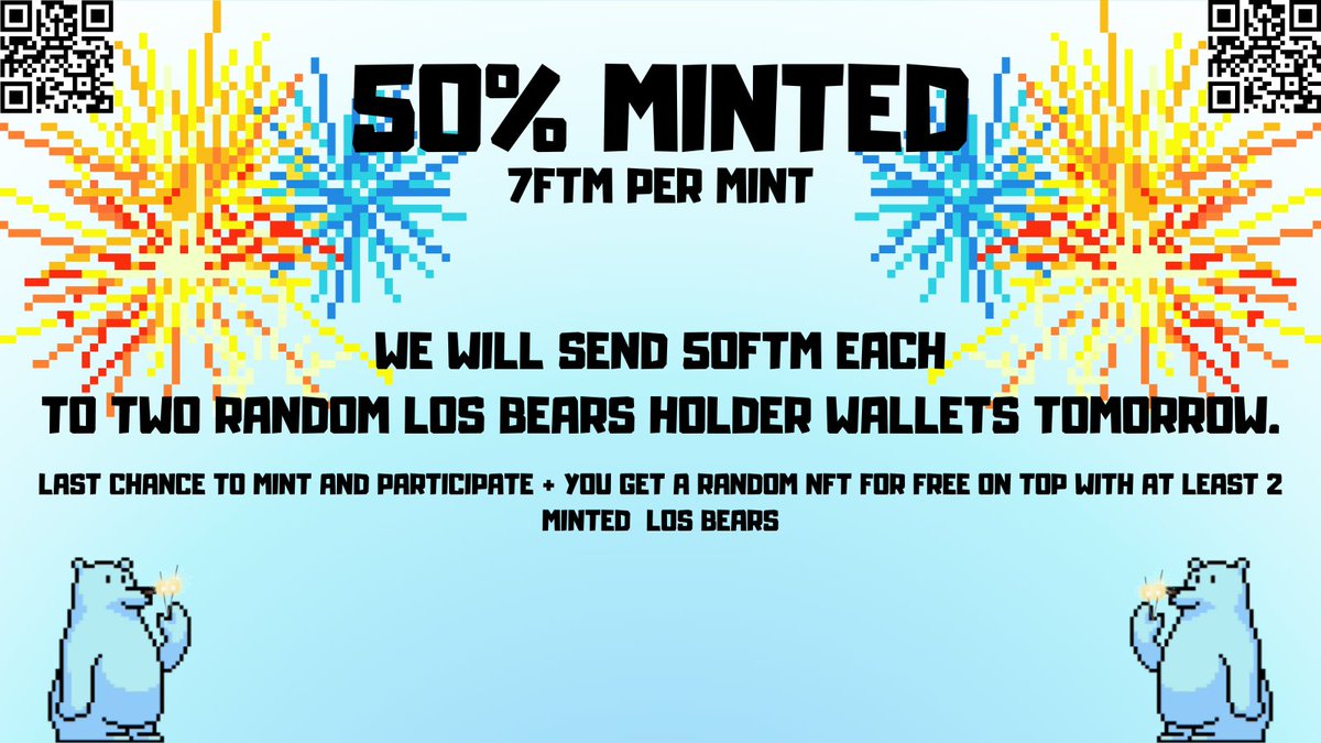 Our journey is near the end and we have reached the 50%🐻🥳So we are giving away 50ftm each to 2 holders
 If you don't have a bear yet grab it : los-bears-xi.vercel.app

will we still manage to sell out?🧐52h left