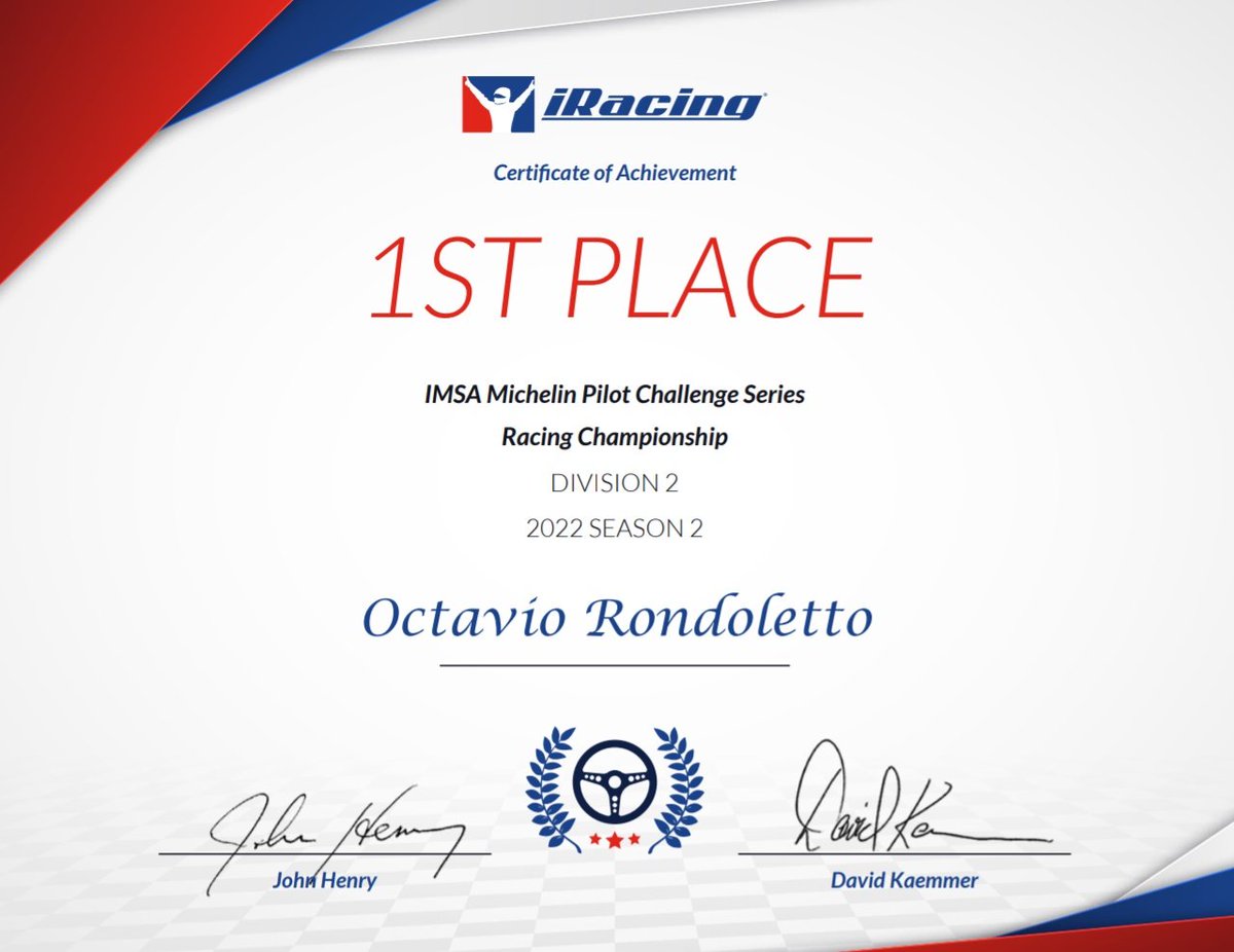 ENDURANCE CHAMPIONS! 🏆

🇺🇸 We are champions in the 2022 S2 <a href="/IMSA/">IMSA</a> Michelin Pilot Challenge, the rebranded MOAR Endurance Series.

🇦🇷 Somos campeones en la 2022 S2 #IMSA Michelin Pilot Challenge, la renombrada MOAR Endurance Series.

🥇 <a href="/Rondo_the48/">Octavio Rondoletto</a> Div 2
🥉 <a href="/jadad2579/">Jadad</a> Div 3