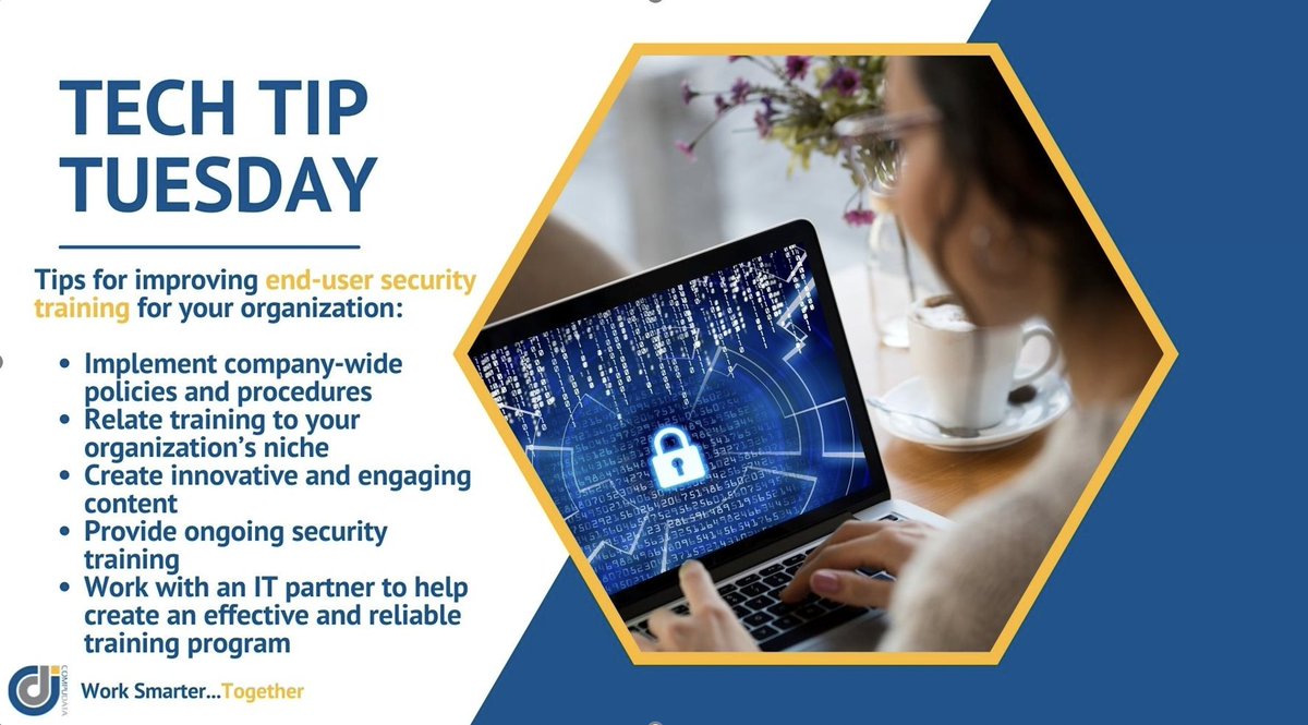 CompuDataInc's tweet image. Human error is the biggest risk to any organization's information security.
It’s important to educate employees on the importance of protecting sensitive information and identifying malicious threats.
#EndUserTraining #TechTuesday #CompuData #WorkSmarterTogether