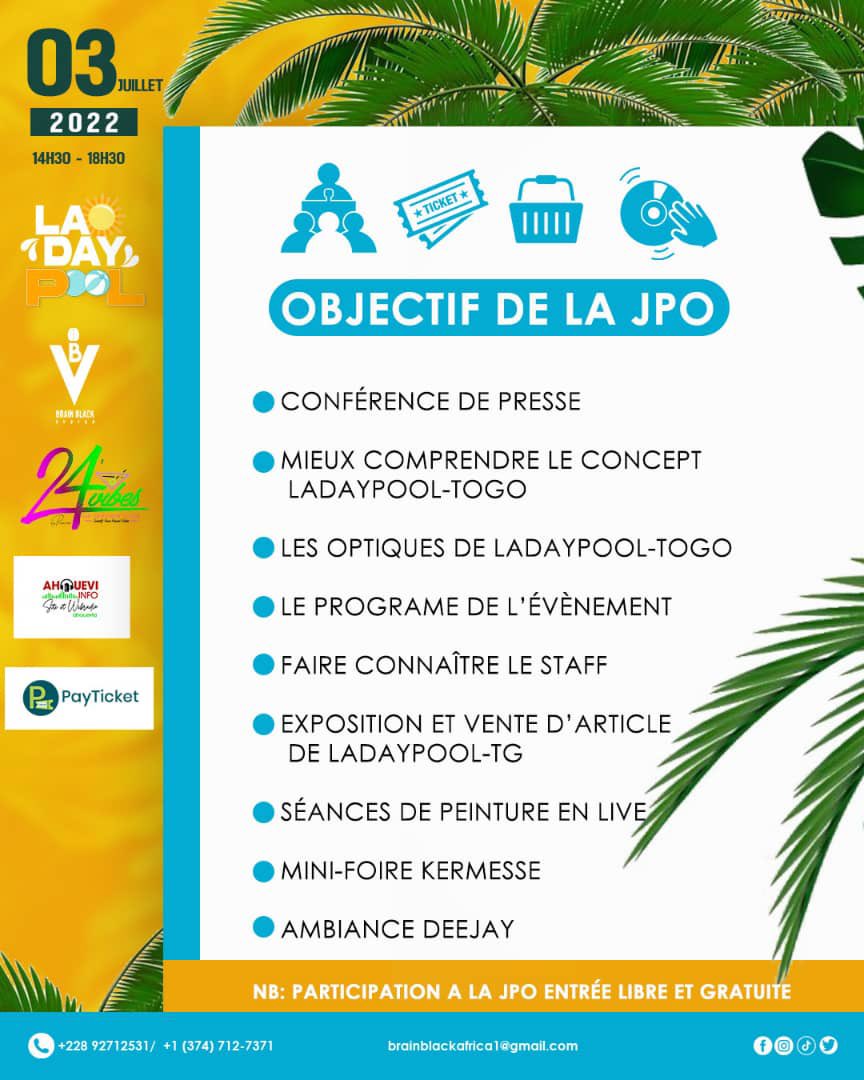 Ladaypool2's tweet photo. Le mois d’août est proche 
Et qui dit août dit LA DAYPOOL TOGO🇹🇬. 
Pour vous éclairer sur le concept de l’événement et vous offrir un avant goût de cette 2 éme édition, le staff de LADAYPOOL TOGO vous convie à sa journée porte ouverte ce 03 juillet au 24’ vibes
#ladaypooltogo https://t.co/W6y7sIDgX7