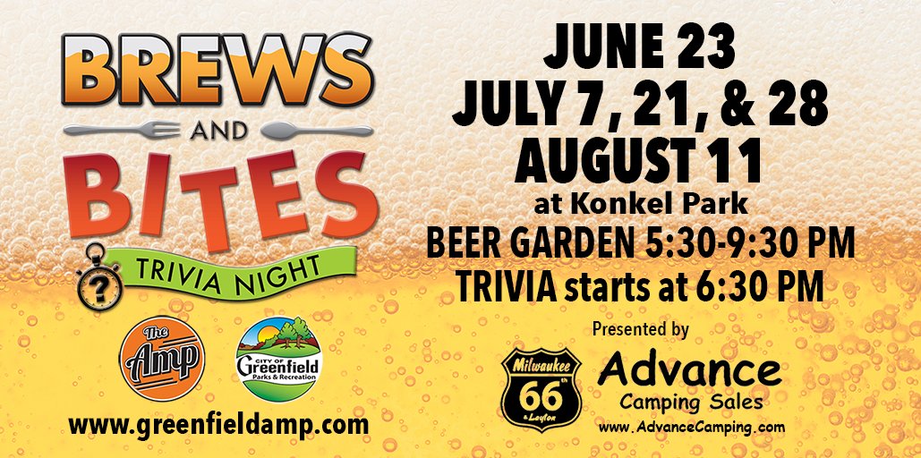gfwiparksrec's tweet photo. The next Brews and Bites Trivia Night presented by Advance Camping Sales is Thursday, July 28th. Prizes for 1st, 2nd, and best team name. Cold drinks at the AMP Haus and scheduled food vendor El Sazón Dominicano. For more information on our events, visit https://t.co/35nMbkYA2z. https://t.co/ubpOHgmF89