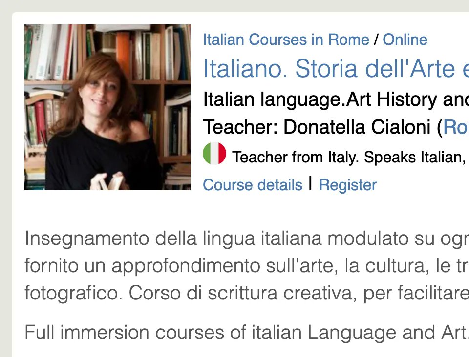 MLCafe's tweet photo. Learn Italian, Italian art history and Italian style! Register for personalized classes with Donatella from Rome! 
https://t.co/Eu1niXTZ56 https://t.co/GkaS5YSB4y