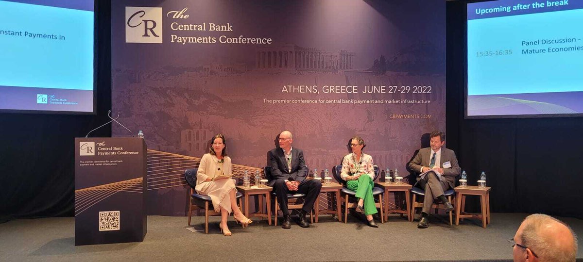 CurrencyResearc's tweet photo. The debate has turned to #cbdc v #instantpayments at #CBPC2022 here in Athens.
Natasha de Teran, @PaymentsCanada's Tracey Black, Knut Sandal (@NorgesBank) and Ignacio Terol (@ecb) gave us plenty to think about.
#privacy & end-user convenience came up multiple times.
#payments https://t.co/yw0gkANM5x