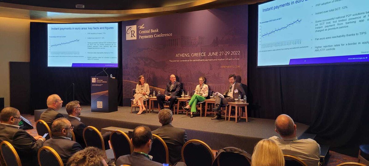 CurrencyResearc's tweet photo. The debate has turned to #cbdc v #instantpayments at #CBPC2022 here in Athens.
Natasha de Teran, @PaymentsCanada's Tracey Black, Knut Sandal (@NorgesBank) and Ignacio Terol (@ecb) gave us plenty to think about.
#privacy & end-user convenience came up multiple times.
#payments https://t.co/yw0gkANM5x