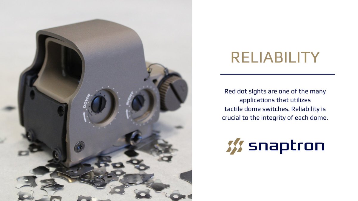 Snaptron's tweet image. In an industry where failure is not an option, we provide reliable #tactiledomes designed specifically for military applications. #Reddotsights are one of the many examples that integrate tactile dome switches.    

Learn more: bit.ly/3y2x1S8

#optic #reddot #durable