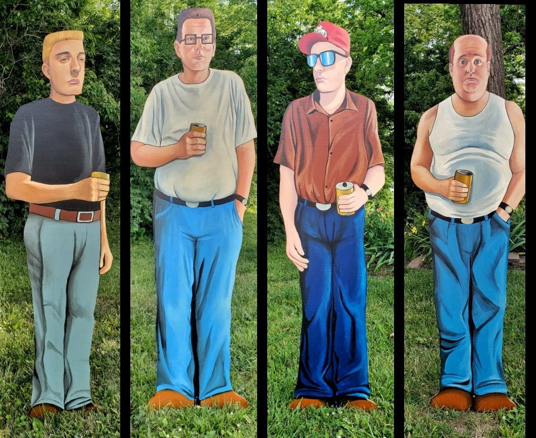 fearlssjkrabbit's tweet photo. Close up view of the King of the Hill guys I painted for the front yard. #kingofthehill #dalegribble #hankhill #boomhauer #yardart https://t.co/OZm54rJoiZ