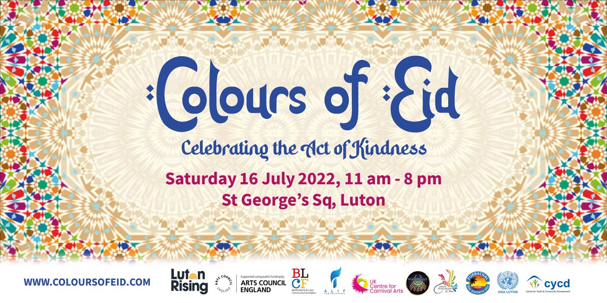AlifNewBegin's tweet photo. 💜💙💚COLOURS OF EID💜💙💚

Join us for #Luton's first Eid parade event!

⏰Sat 16 July 2022, 11am - 8pm 
📌St George's Sq 

ℹ️More info:https://t.co/qbA4erPy9x 

#primaryfunder @LutonRising 
#funders @ace_national, @bedlutcf 
#partners @carnivalukcca, @carnivaldesign 

#Eid2022 https://t.co/dYW7EyOOrp