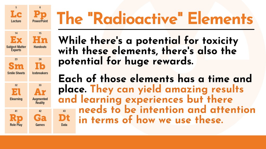 EnduranceLearn's tweet image. &quot;I see AR as a tool that we can be using to enhance the learning experience as long as it fits right.&quot; 

What are the most “radioactive” elements you can include in a training program?
▸ lttr.ai/xCWp

#augmentedreality #51elementsoflearning