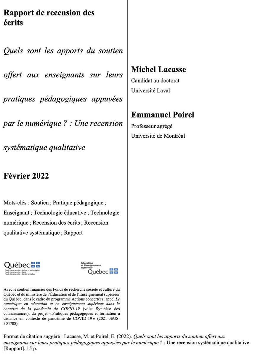 Embargo levé-rapport disponible. 
Quels sont les apports du soutien offert aux enseignants sur leurs pratiques pédagogiques appuyées par le numérique ? : Une recension systématique qualitative. #EduQc
sites.google.com/view/michellac…