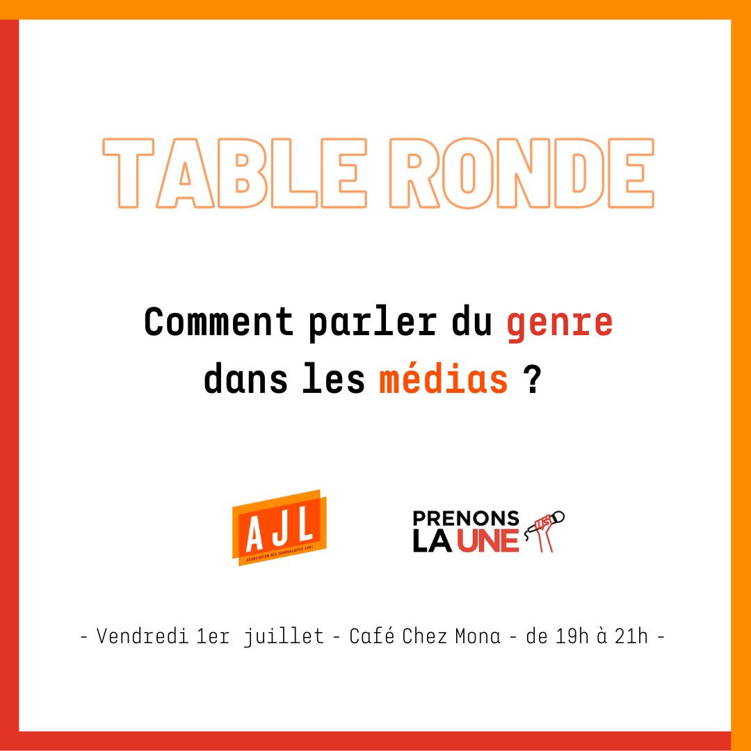 Prenonsla1's tweet photo. Avec l'@ajlgbt on vous donne rendez-vous ce vendredi pour parler du genre dans les médias ! https://t.co/lnEdIhxrs5