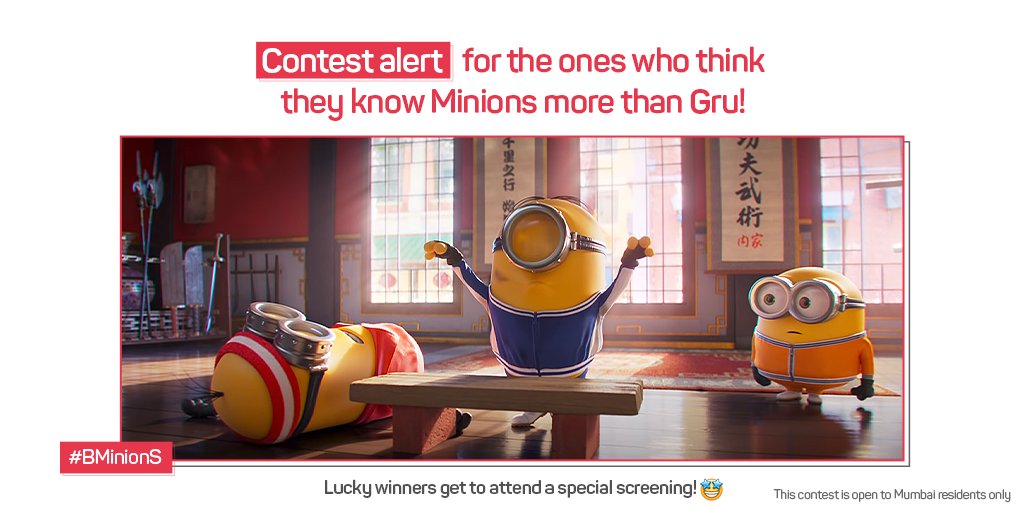 bookmyshow's tweet photo. How well do you know the little boy-like creatures? 
Answer these questions and tag us with #BMinionS and you could attend a special screening of Minions: #TheRiseofGru tomorrow!

Stay tuned. The first question is arriving soon!

#ContestAlert #Contest #Giveaway #BMSContestAlert https://t.co/MfttGJY5AJ
