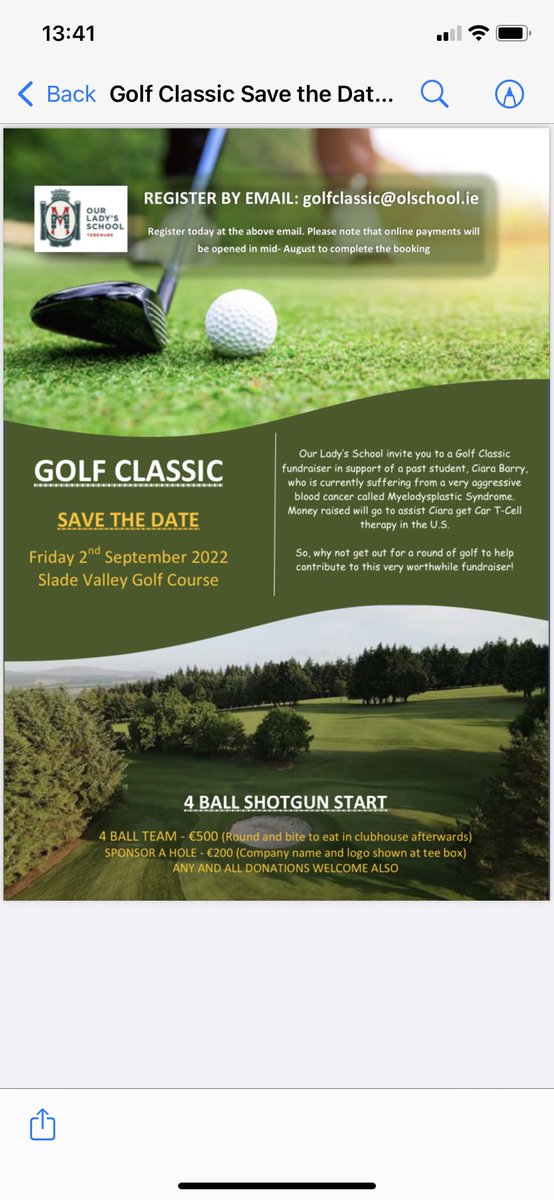 Eve3185's tweet photo. Our Lady’s School are aiming to host a golf classic in Sept in aid of past pupil Ciara Barry but need help with distribution of the PDF flyer...please Retweet or forward onto anyone you think might be interested @KeepCiara #KeepCiara #Fundraiser 🏌🏻‍♂️🏌🏼‍♀️⛳️ https://t.co/rBD5udfsfZ