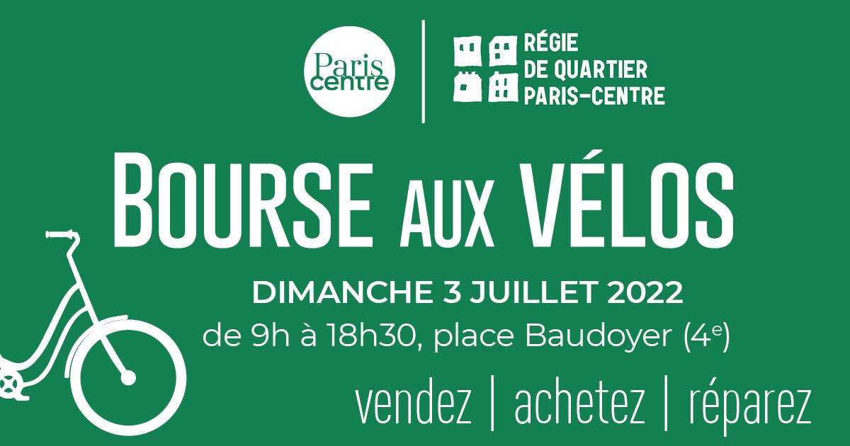Participez le dimanche 3 juillet à la Bourse à Vélo de #ParisCentre ! Que vous veniez vendre, acheter, ou réparer, tous les amoureux du cyclisme sont la bienvenue.
Rendez-vous place Baudoyer de 9h à 18h30 🚴🚴‍♀️