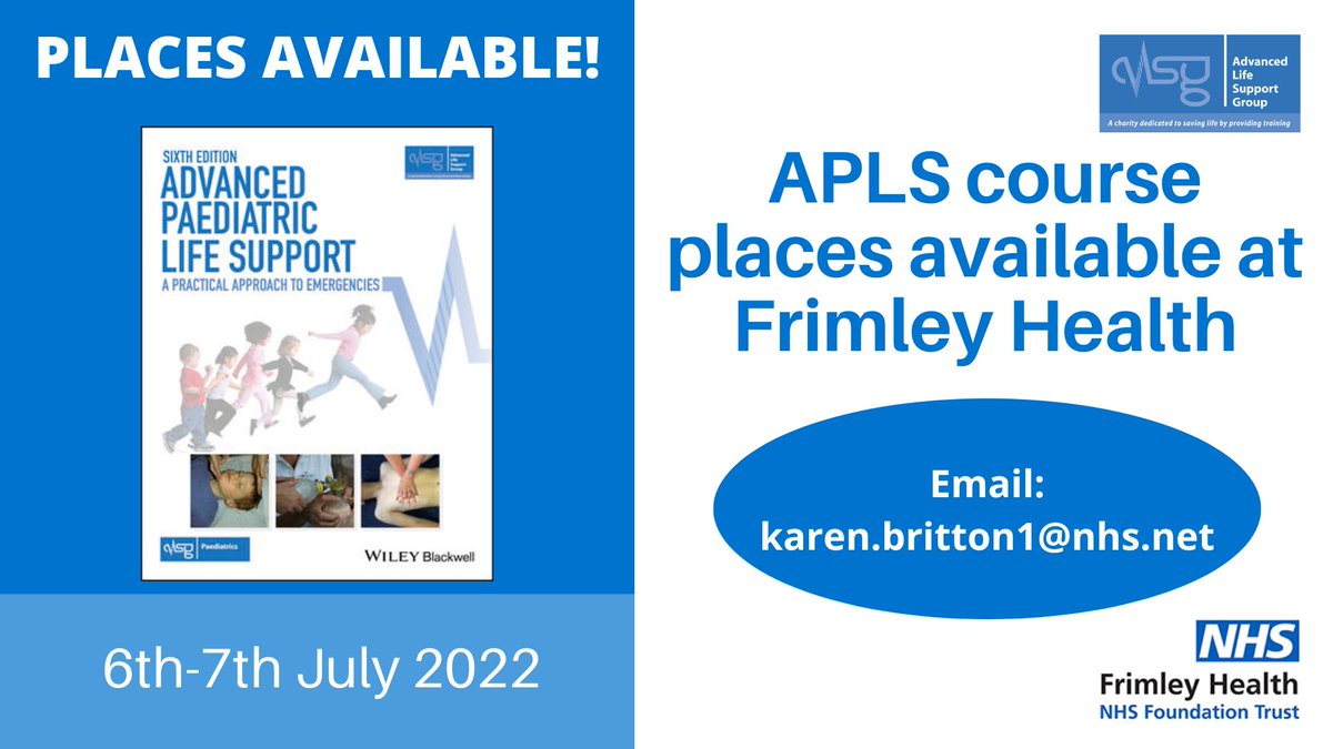 ALSG (@_alsg_) on Twitter photo Last minute APLS course places have become available at Frimley Health. Email Karen Britton to book: karen.britton1@nhs.net. #APLS #Paediatrics Last minute APLS course places have become available at Frimley Health. Email Karen Britton to book: karen.britton1@nhs.net. #APLS #Paediatrics