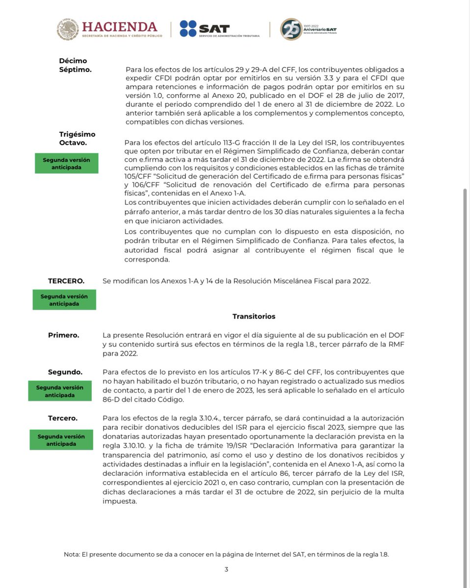 CSNSCmx's tweet photo. Quinta Resolución de Modificaciones a la Resolución Miscelánea Fiscal Para 2022 y sus Anexos 1-A y 14 (Segunda Versión Anticipada)
#CSNSCmx #SAT #5RMRMF2022 #RMF2022 https://t.co/vuyewk5fqV