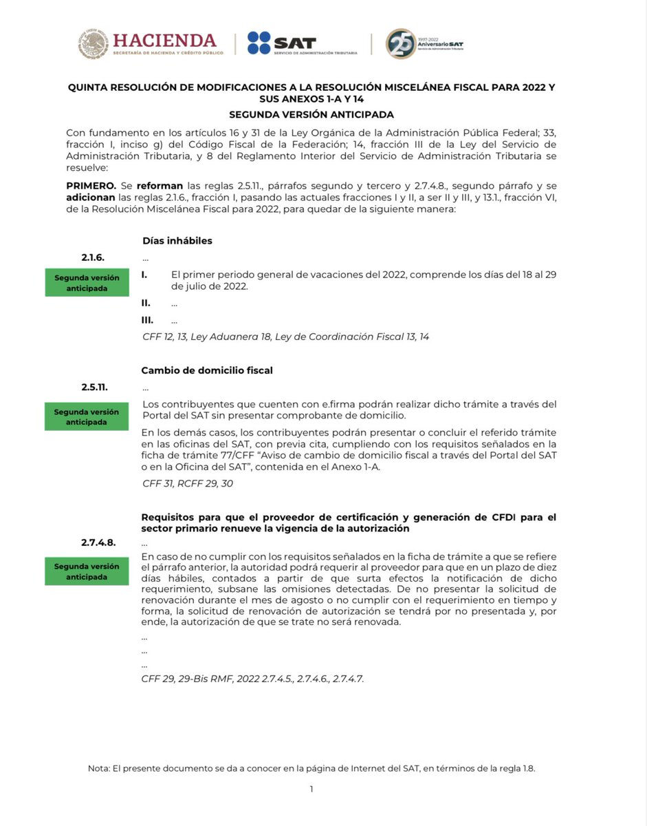 CSNSCmx's tweet photo. Quinta Resolución de Modificaciones a la Resolución Miscelánea Fiscal Para 2022 y sus Anexos 1-A y 14 (Segunda Versión Anticipada)
#CSNSCmx #SAT #5RMRMF2022 #RMF2022 https://t.co/vuyewk5fqV