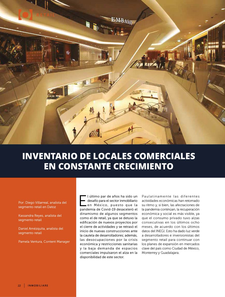 datoz_mx's tweet photo. #DatozTeInforma | Inventario de locales comerciales en constante crecimiento. Te invitamos a leer la colaboración del equipo de #Retail de #Datoz en la última edición de la revista @INMOBILIARE. Página 22 de la edición digital. 

Entra aquí: https://t.co/bXjtOFolhR https://t.co/28EGFjs3OX