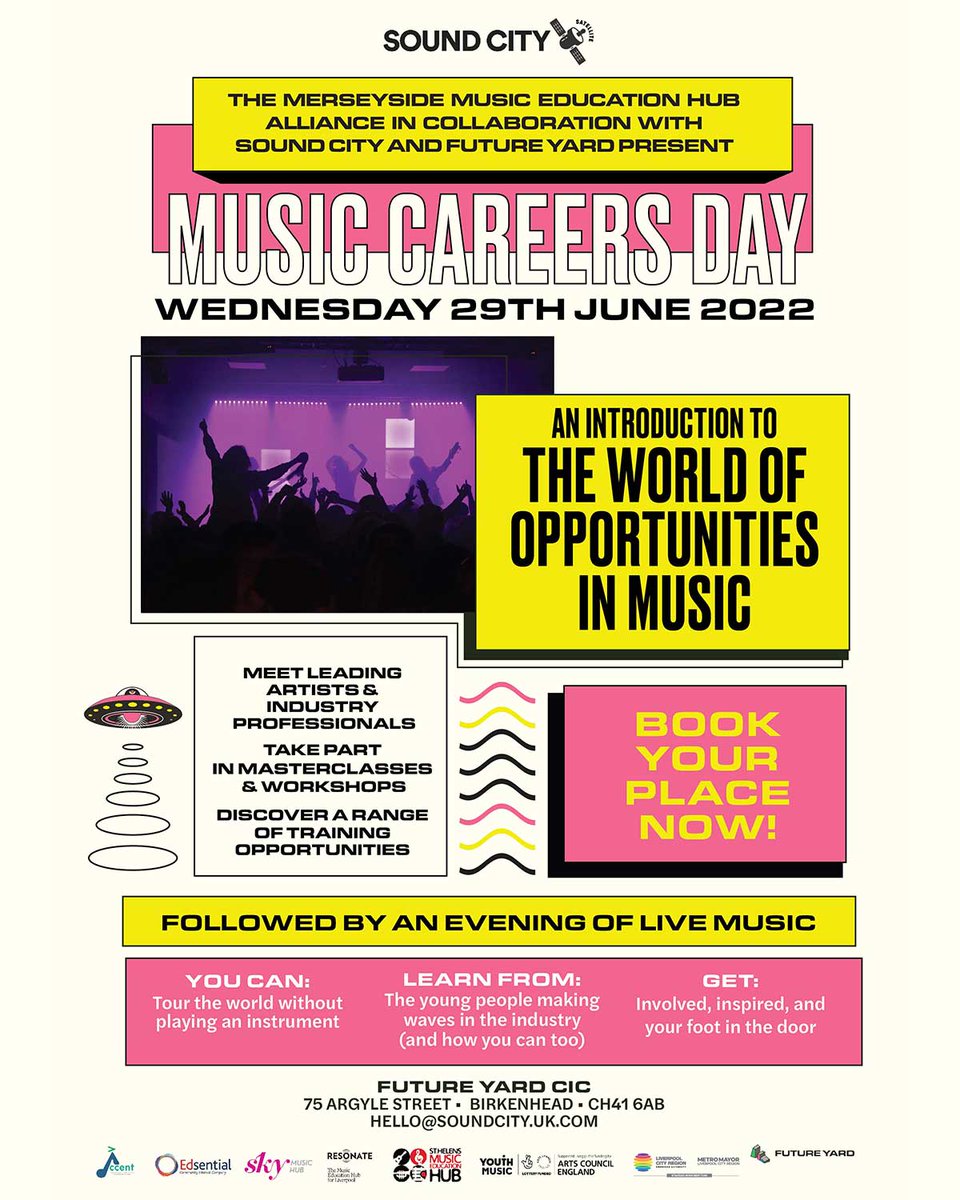 MUSIC CAREERS DAY TOMORROW //
On Wednesday 29 June <a href="/SoundCity/">Liverpool Sound City</a> is hosting Satellite Careers Fair in Wirral @ <a href="/future_yard/">Future Yard</a>, an initiative with Merseyside Music Education Hub Alliance.
(9am-5pm) providing activities and training for those aged 14-16

SIGN UP: soundcity.lnk.to/musiccareersda…