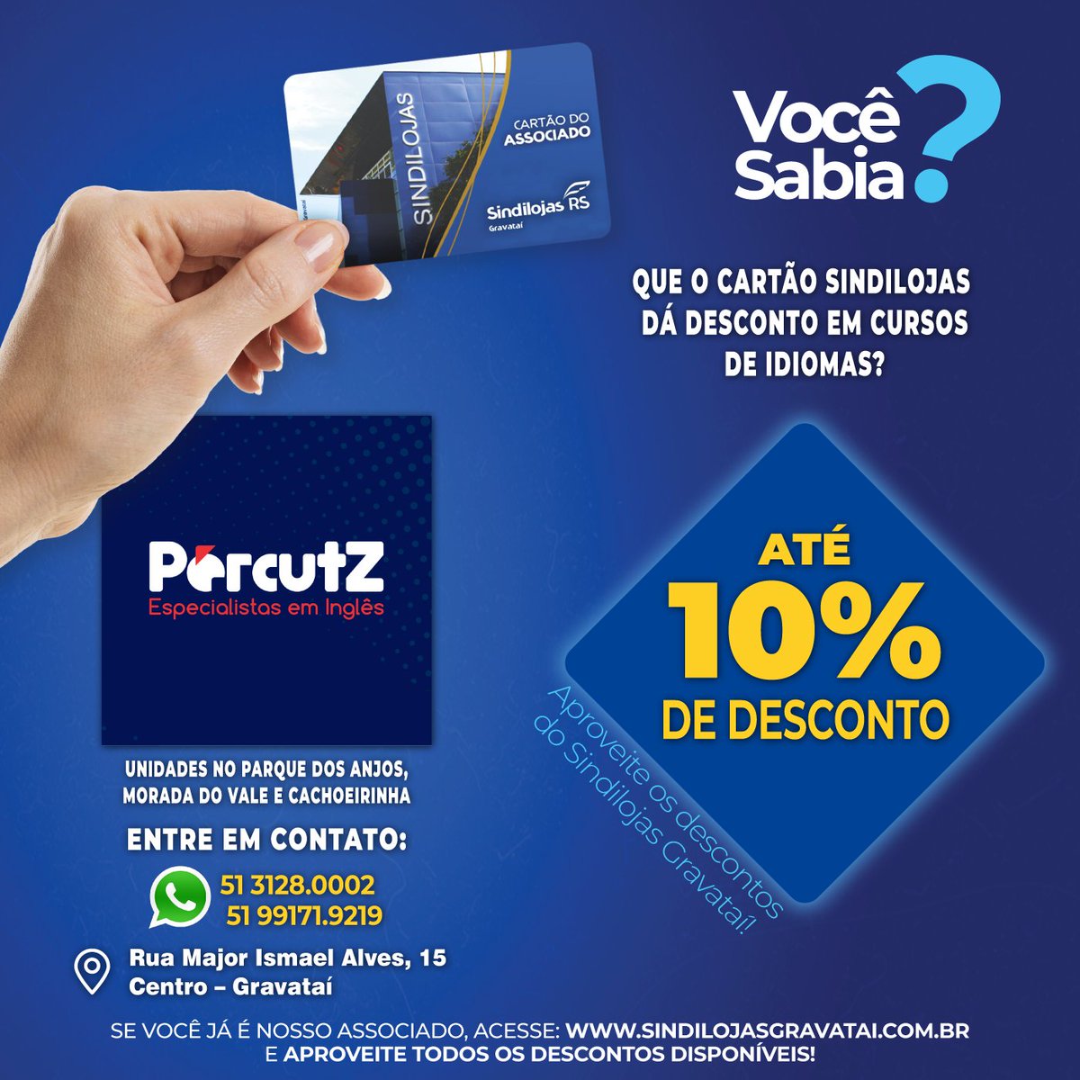 sindilojas's tweet photo. 👉Com o cartão Sindilojas você tem 6% DE DESCONTO no contrato semestral e 10% DE DESCONTO no contrato anual nas unidades da PÉRCUTZ ESCOLA DE INGLÊS.

Entre em contato pelo fone: 
☎️ (51) 31280.002
📲 (51) 9171.9219 https://t.co/mQVuQ9PcUX