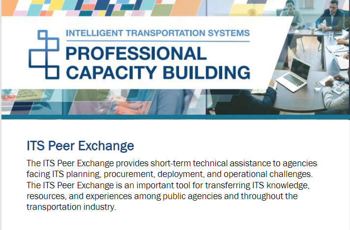 ITS_USDOT's tweet photo. Looking to connect with peer experts that can help with Accelerating ITS Deployment, addressing a variety of ITS challenges? The #ITSPCB Peer Exchange is ready for your application! Find more information at  https://t.co/7ax1f3YPXW  #ITS #training https://t.co/rwQ45wFNsz