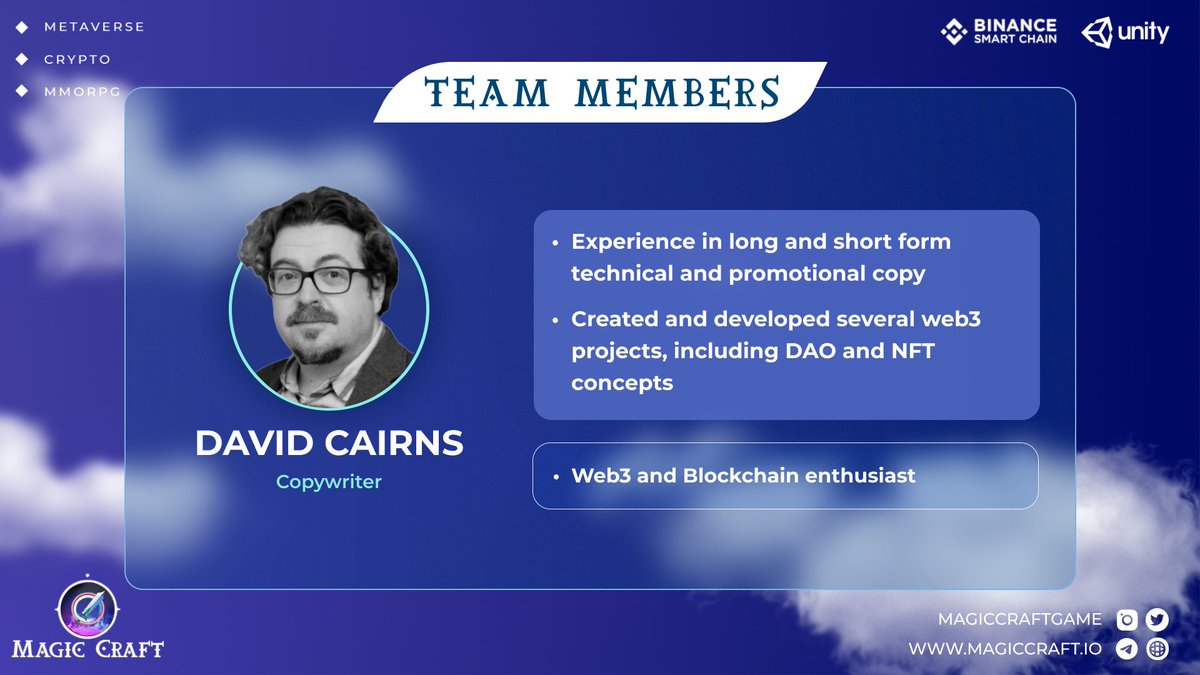 MagicCraftGame's tweet photo. Meet the #MagicCraftTeam🔮
David Cairns - our Copywriter working with #web3 and #blockchain projects, including #DAO & #NFT concepts.
With his experience in technical & promotional copy, David helps to create engaging, educational, advertising texts for #MagicCraft platforms🚀 https://t.co/6awHlKGc5B