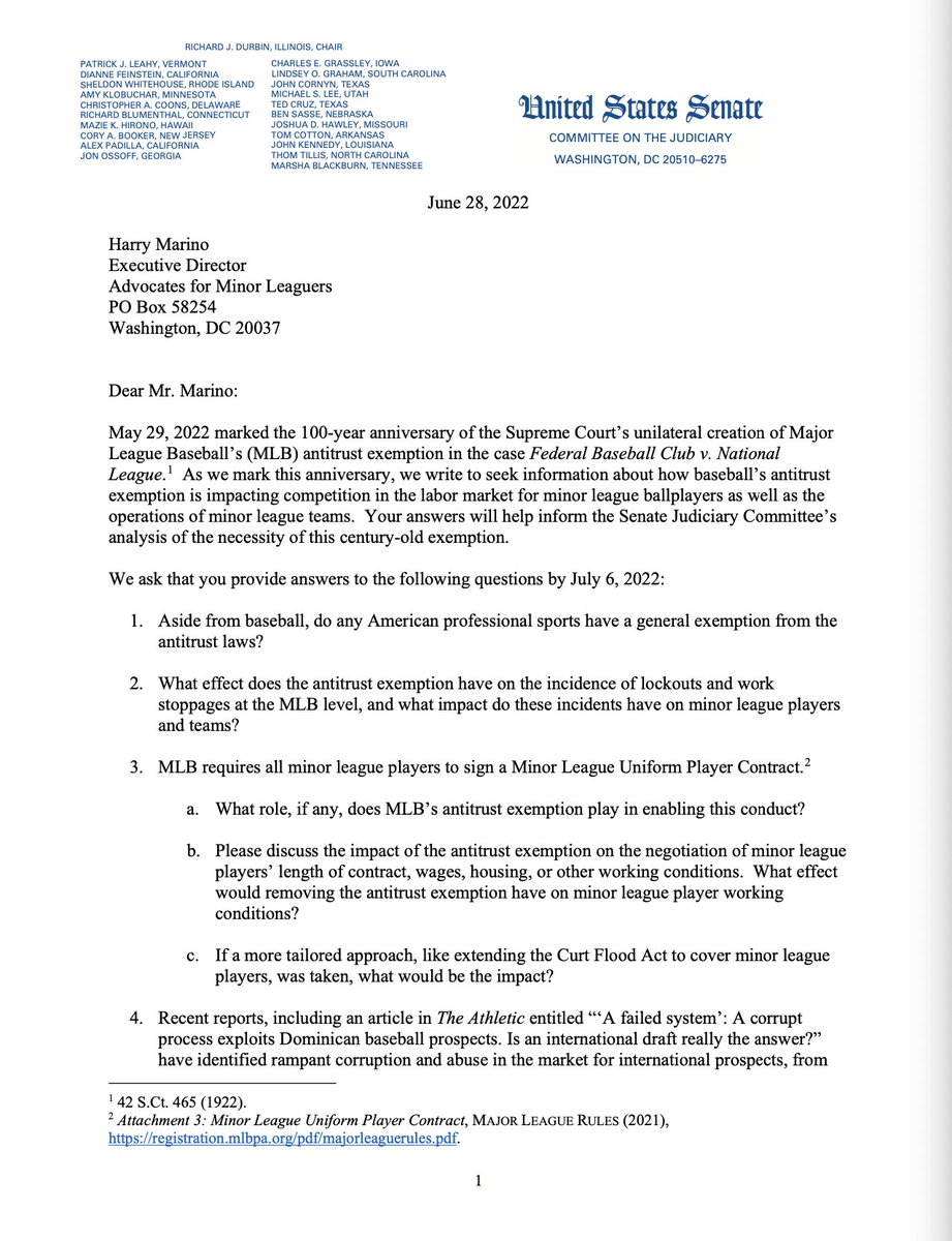 joonlee's tweet photo. The Senate Judiciary Committee released a letter directed to Advocates for Minor Leaguers questioning MLB's antitrust exemption

The letter is a bi-partisan effort by Senators Dick Durbin, Chuck Grassley, Richard Blumenthal and Mike Lee

Story incoming at https://t.co/9R0lQQu9Jd https://t.co/0riiUuEJjx