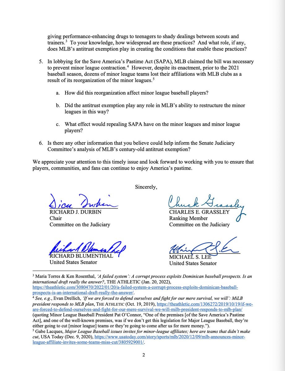 The Senate Judiciary Committee released a letter directed to Advocates for Minor Leaguers questioning MLB's antitrust exemption

The letter is a bi-partisan effort by Senators Dick Durbin, Chuck Grassley, Richard Blumenthal and Mike Lee

Story incoming at ESPN.com