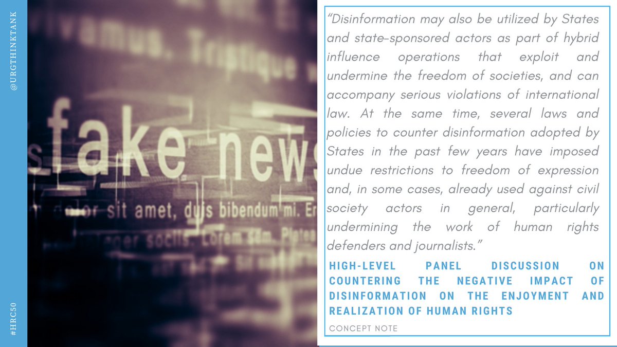 URGthinktank's tweet photo. 💡High Level #PanelDiscussion on #disinformation & #HumanRights focuses on the role of #States in countering the negative impact of disinformation on HR & ensuring a human rights-based response by protecting #FreedomofExpression & #AccessInformation
📙CN: https://t.co/B4I8SdaHIJ https://t.co/UphG0VtVK4