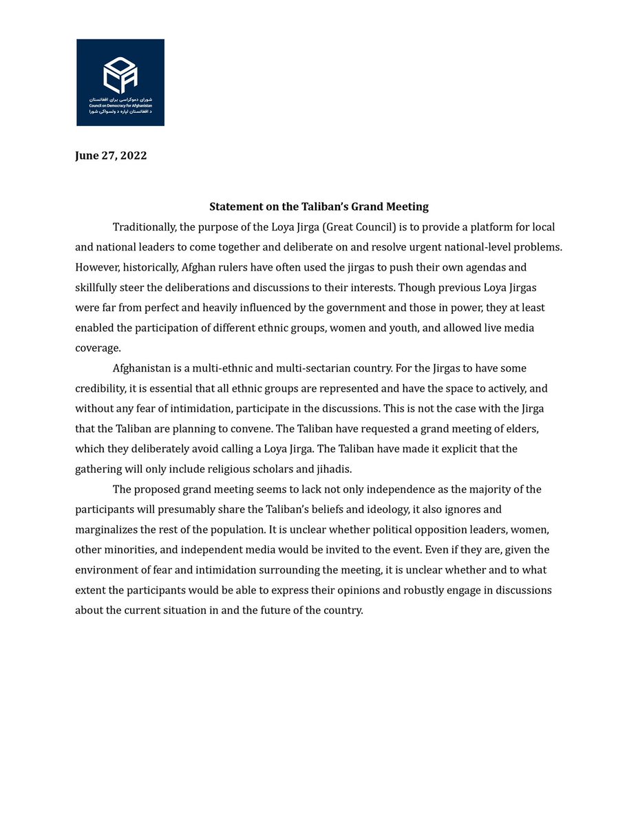 Council on Democracy for #Afghanistan Statement on the #Taliban’s Grand Meeting  @BBCYaldaHakim @VOAPashto  @SE_AfghanWGH  @heatherbarr1  @tomas_niklasson @LinaRozbih @EUAmbAFG @US4AfghanPeace @Etilaatroz 
@SR_Afghanistan  cdafghanistan.com/english?fbclid…