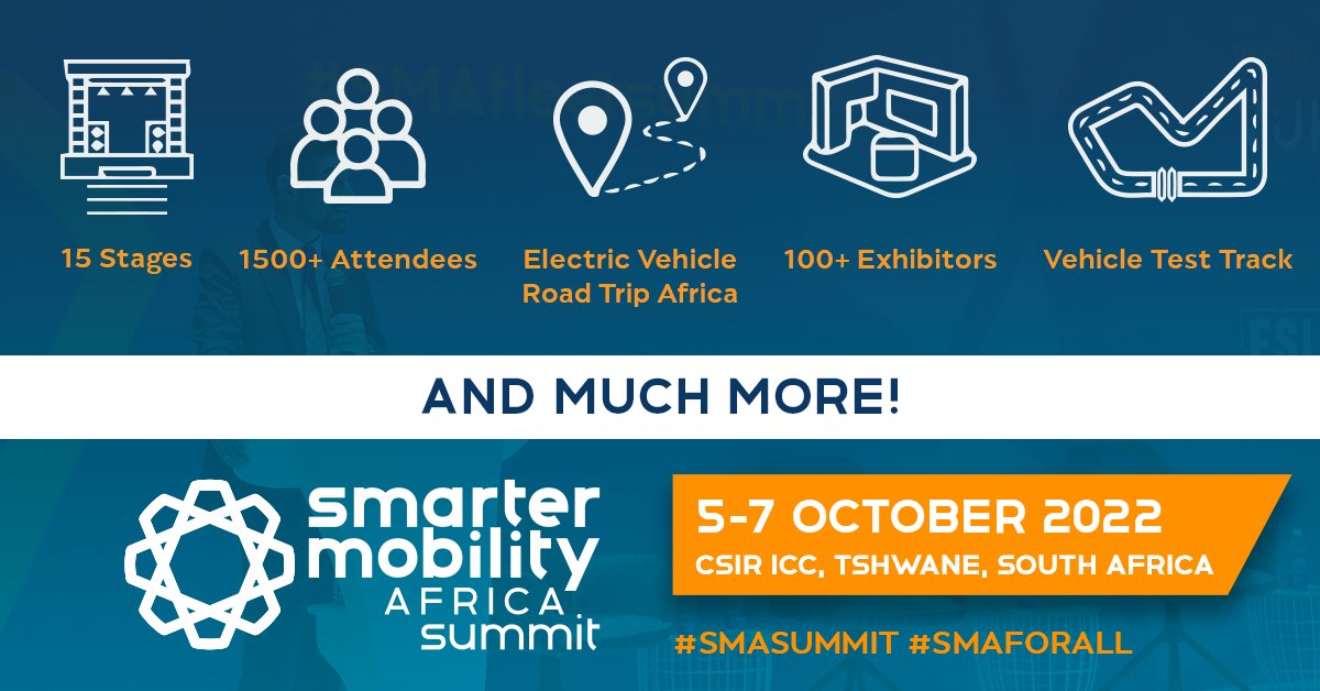 #SMAsummit: 5 - 7 October 2022, <a href="/CSIRICC/">CSIR ICC</a>, Tshwane, South Africa. 

Join us on our mission to unlock Africa’s full social, economic, and environmental potential! 

More info on the SMA summit: smartermobility-africa.com/sma-summit/