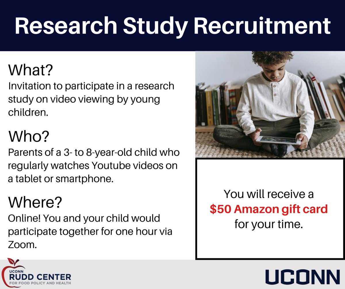 The UConn Rudd Center is enrolling parents and children in a study to understand children's media usage and the marketing that appears when they watch videos on smartphones/tablets. Click here to sign up: bit.ly/3bjvBev.