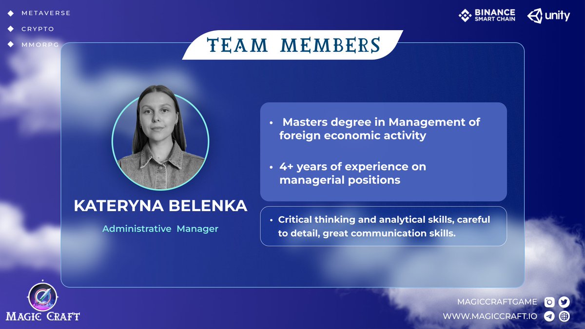 MagicCraftGame's tweet photo. Meet the #MagicCraftTeam 🔮
Kateryna Belenka - our Administrative Manager with 4+ years of experience on managerial positions.
With her organisational skills, Kate is the best at structuring all the #MagicCraft internal processes🚀
https://t.co/zhOXZK8FRI https://t.co/COzUJtmdsR
