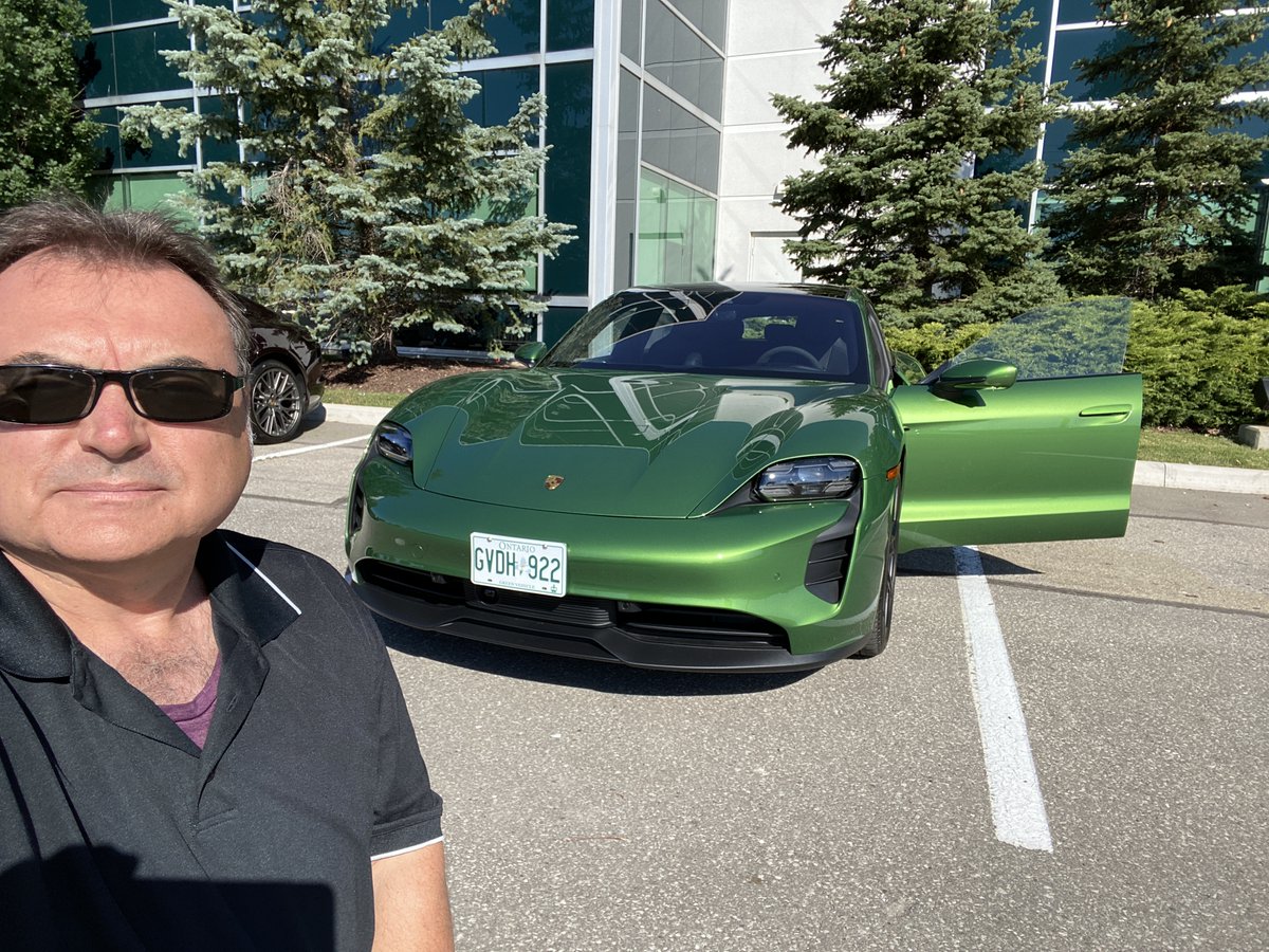 EVRevShow's tweet photo. Busy month for me, another press car to look over! Just have a couple of days with this "Green Machine" from @PorscheCanada - a 2022 Taycan GTS Sport Turismo! Short take video coming soon! #ElectricVehicles #SoFunToDrive https://t.co/Sy4dojQ27D