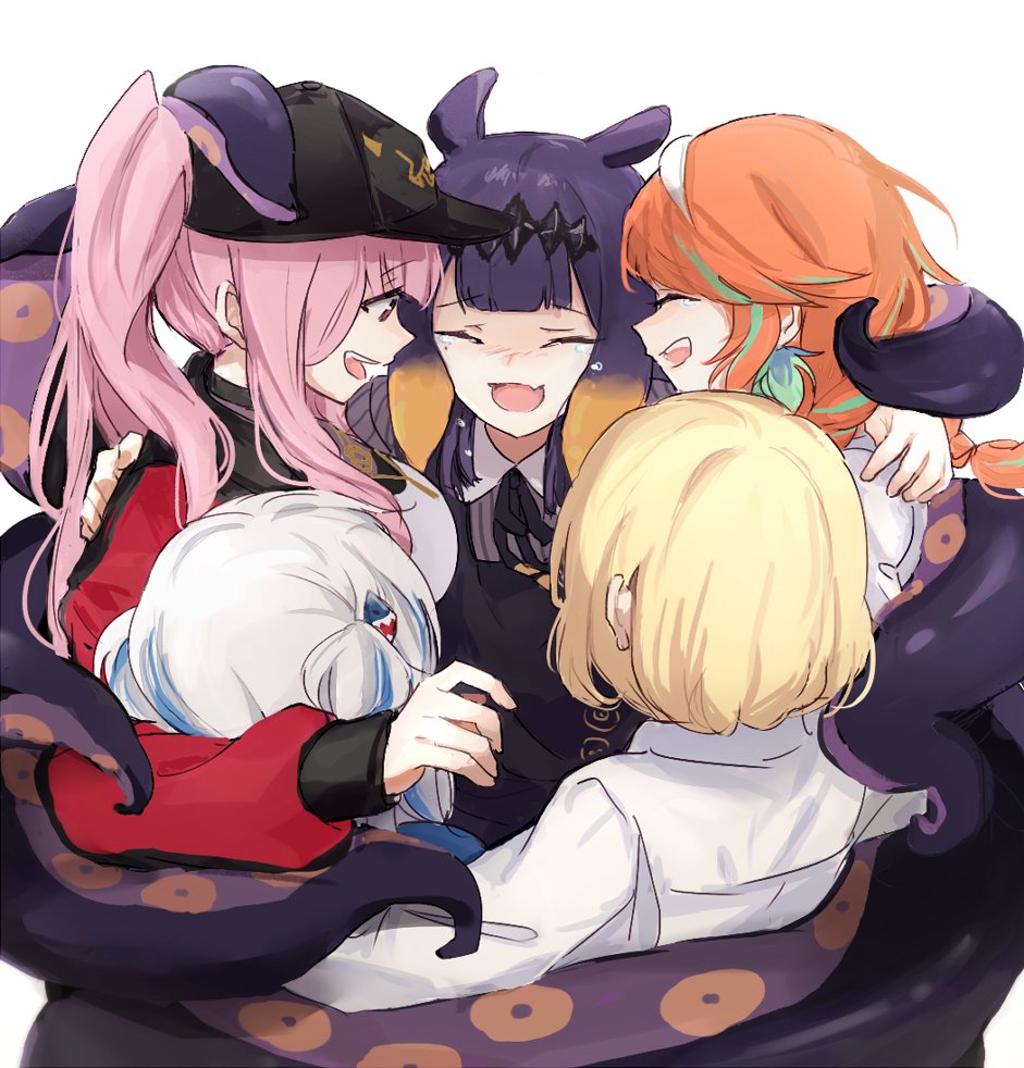 gawr gura ,mori calliope ,ninomae ina'nis ,takanashi kiara ,watson amelia multiple girls pink hair holomyth group hug blonde hair tentacle hair hat  illustration images