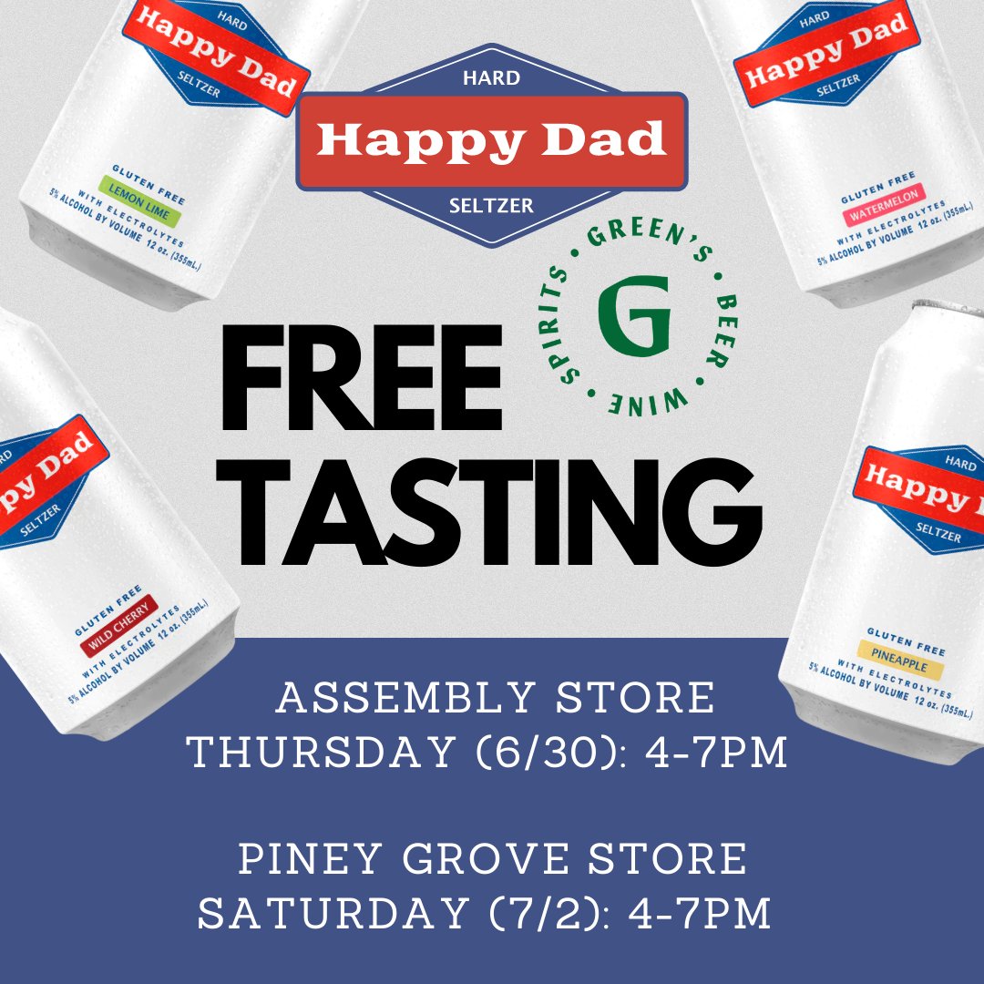 🚨FREE TASTING🚨of <a href="/happydad/">Happy Dad Hard Seltzer, Lemonade & Tea</a> this Thurs &amp; Sat.

We know there are thousands of hard seltzer brands out there, but <a href="/happydad/">Happy Dad Hard Seltzer, Lemonade & Tea</a> is better tasting, has the perfect amount of carbonation, and it has f**king electrolytes. But don't take our word for it, come and try it for yourself.