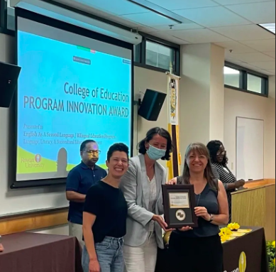 Rowan_ESL_BE_WL's tweet photo. Congrats to our ESL Certificate &amp; Bilingual Endorsement programs on winning the College of Education Program Innovation Award! We make a great team: @ProfHof, @cjmichener, @kate_anna, @beth_wassell, &amp; our amazing adjuncts. Always striving to improve our programs &amp; access to them! https://t.co/WB0xNXXNlr