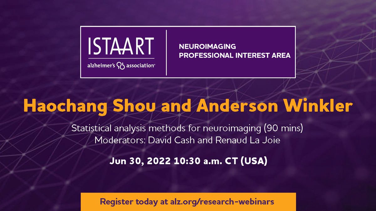 Join the <a href="/ISTAART/">ISTAART</a> Alzheimer's Association #NeuroimagingPIA for our upcoming webinar, “Statistical analysis methods for neuroimaging” with <a href="/AndersonWinkler/">Anderson M. Winkler</a>, <a href="/HaochangS/">Haochang Shou</a>, Thursday, June 30 @ 11:30 am US ET. Register: training.alz.org/Research-Webin…

Available online ~ 2weeks after the event