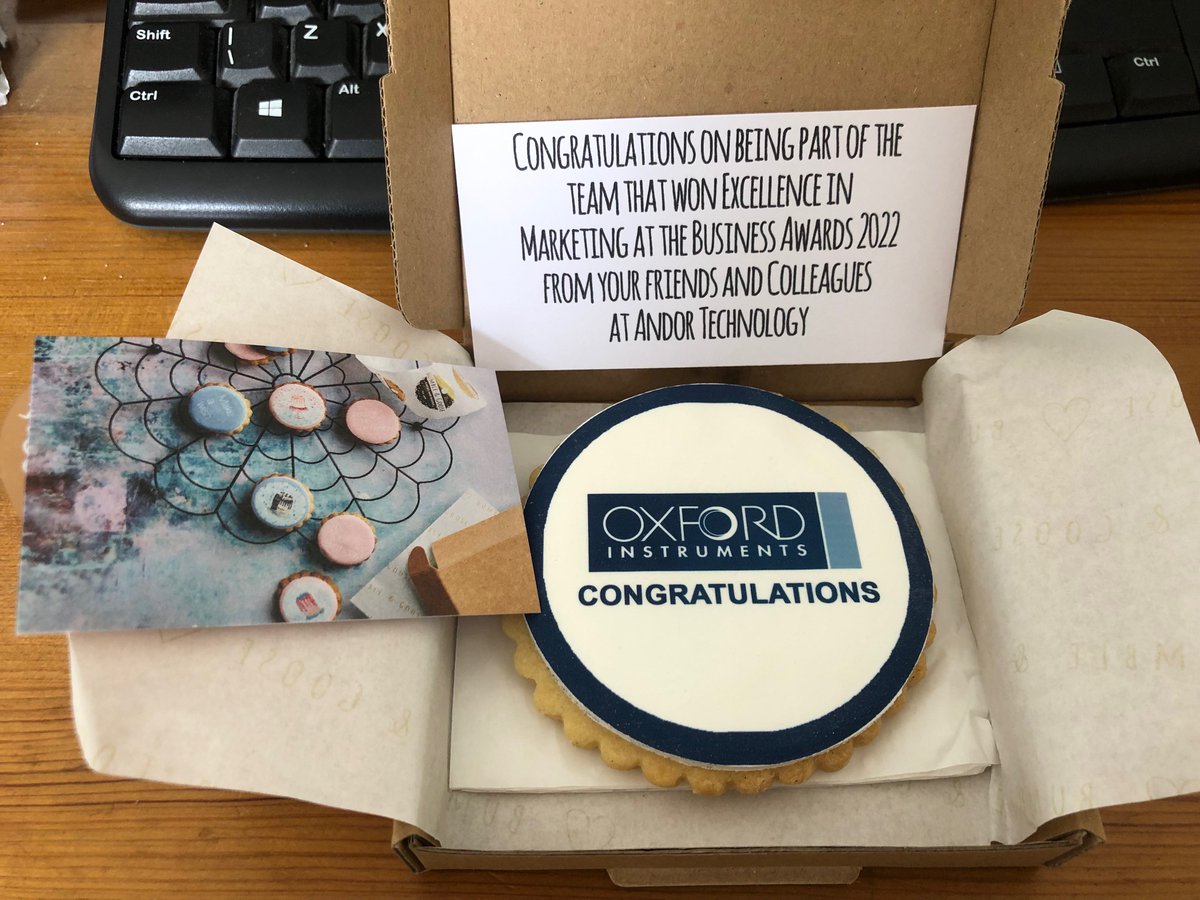 Richie_Finlay's tweet photo. Lovely touch from the crew at @OxInst / @AndorTechnology - sending this @BumbleandGoose treat in the post in recognition of our recent success at the @BelTel_Business Awards.

As if my remote working diet wasn’t bad enough… 👀😀 https://t.co/vMCpWd0I8k