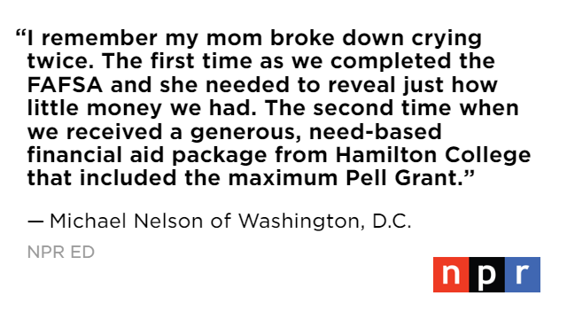 NPR's Education Team (@npr_ed) on Twitter photo Pell grants provided a big sigh of relief for Michael Nelson when he applied to <a href="/HamiltonCollege/">Hamilton College</a> in 2011. He grew up in a single parent household, and while the grants didn’t solve all of their financial problems, it was a big piece of the puzzle. #Pellat50 Pell grants provided a big sigh of relief for Michael Nelson when he applied to <a href="/HamiltonCollege/">Hamilton College</a> in 2011. He grew up in a single parent household, and while the grants didn’t solve all of their financial problems, it was a big piece of the puzzle. #Pellat50