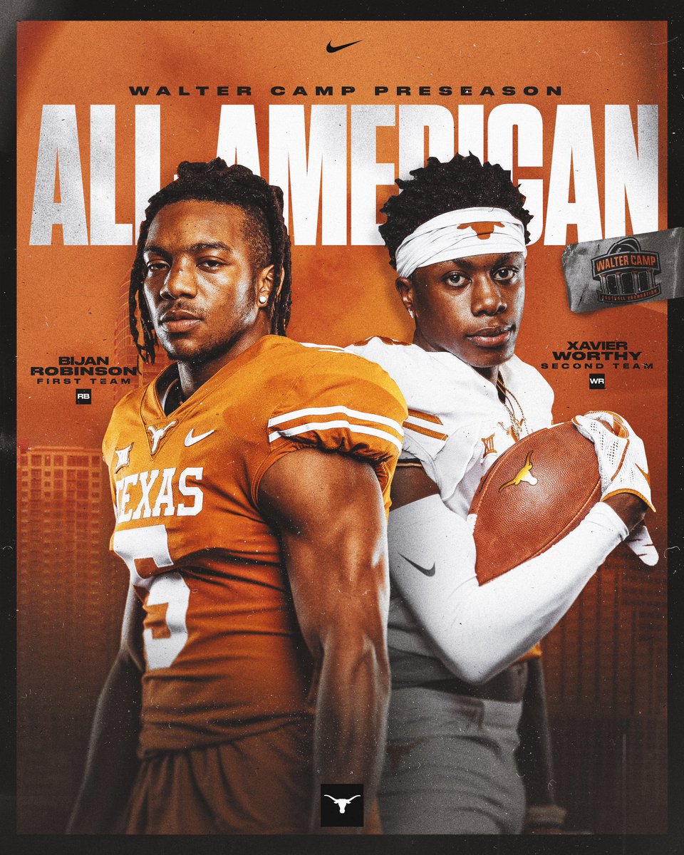 TexasFootball's tweet photo. Bijan Robinson and Xavier Worthy have been named to the Walter Camp Preseason All-America Teams🤘 https://t.co/VqB0UmHS8D