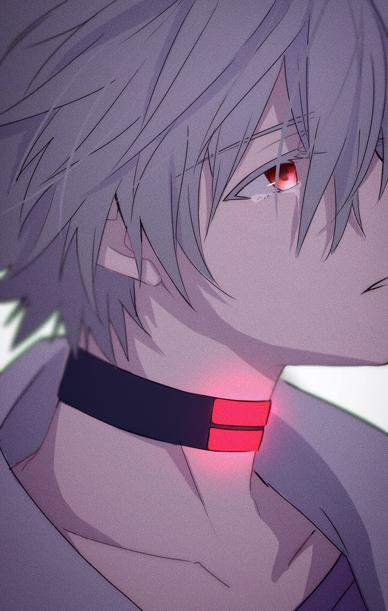 nagisa kaworu red eyes 1boy male focus solo choker grey hair purple shirt  illustration images