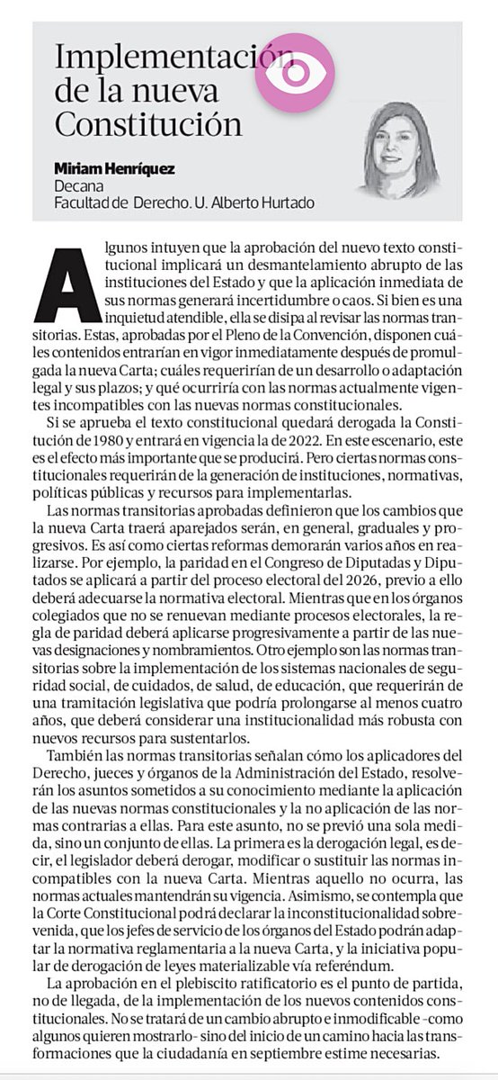 miriamhenriqu's tweet photo. Algunos creen que la aprobación de la nueva Constitución implicará un desmantelamiento abrupto de las instituciones y que la aplicación inmediata de sus normas generará incertidumbre/caos 🙇🏻‍♀️

Esta inquietud se disipa al revisar las normas transitorias aprobadas. Vía @latercera👇🏻 https://t.co/lJlM9UxHK1