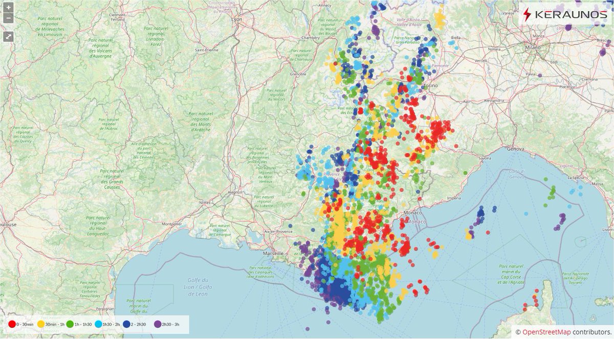 Activité électrique très dense en #Provence avec plus de 1500 éclairs sur le #Var dont 10% (183) sur #Hyères où il est tombé 67 mm dont 47 en une demi-heure seulement. Rafale à 111 km/h au Cap Camarat et 97 km/h à l'île du Levant. #Orages forts jusqu'aux Alpes du sud. 