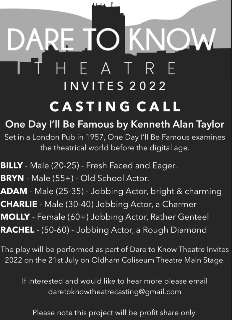 DaretoKnowTC's tweet photo. CASTING CALL 2

One Day I’ll Be Famous by Kenneth Alan Taylor

If interested and for more information please email: daretoknowtheatrecasting@gmail.com https://t.co/6gJDXi20ay