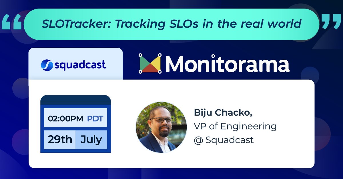 📣For those of you at the <a href="/Monitorama/">monitorama.bsky.social</a> event in Portland, don't miss out on our talk covering SLOs.

Our VP of engineering, <a href="/bijuchacko/">Biju Chacko</a> will be presenting a talk on- "SLOTracker: Tracking SLOs in the real world" at 2 PM PDT on 29th July.🙌

#Monitorama22 #SLOTracker #Squadcast