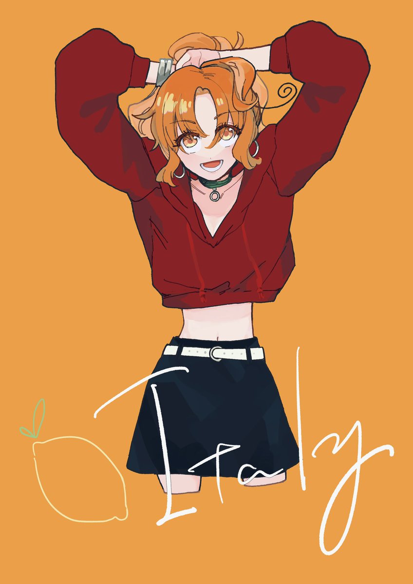 solo 1girl orange background skirt black skirt orange hair choker  illustration images