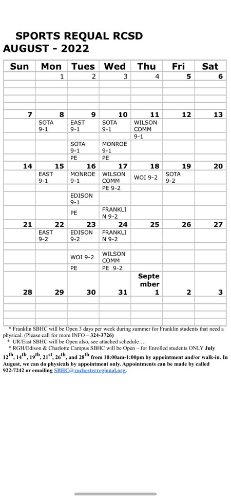 Need a physical for fall sports? Physical Exams (PE) are available at the listed sites. <a href="/RCSDMonroe/">James Monroe Campus</a> <a href="/FootballJMonroe/">Monroe RedJackets Football</a> <a href="/JMHSRedjackets/">Monroe Basketball</a> <a href="/RCSDSWW/">School Without Walls</a> @RCSDHPEA