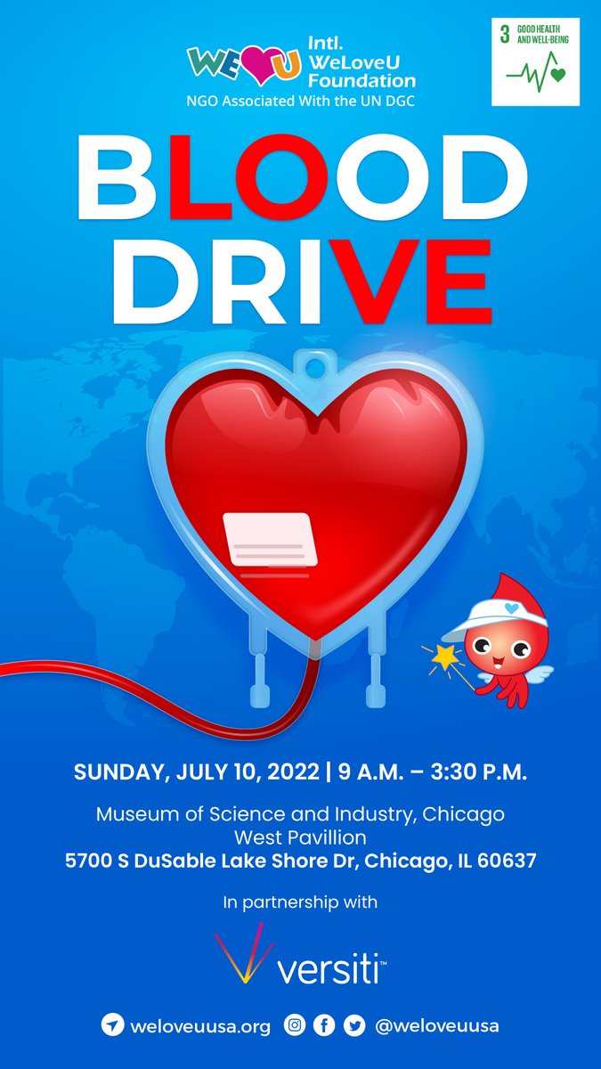 On Sunday, July 10, 2022, WeLoveU will hold a blood drive at <a href="/msichicago/">Griffin Museum of Science and Industry</a> with <a href="/BloodCenterIL/">Versiti Blood Center of Illinois</a>!  #DonateLove

Learn more and register today:
weloveuusa.org/blood-drives/