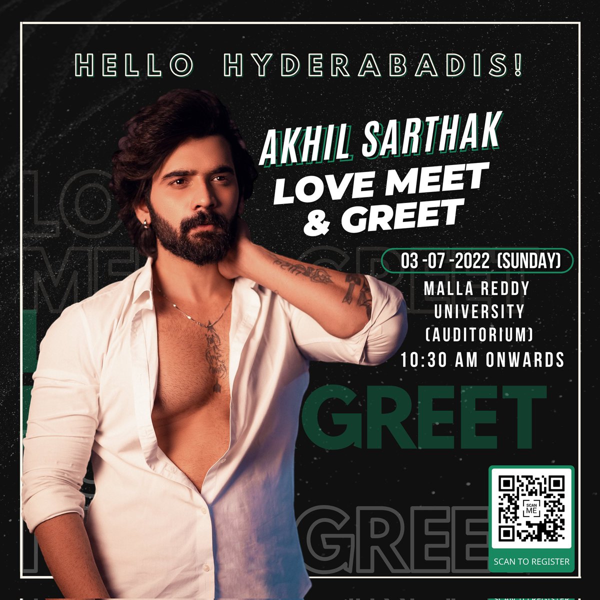 akhilsarthak17's tweet photo. Hello my loves,
   The wait is over and I'm gonna meet my Hyderabadi fam this Sunday (3 Jul,2022) at Malla Reddy University Auditorium.

See you there ✨

#akhilsarthak #akhilians #fanmeet https://t.co/WMKrWP8wFA