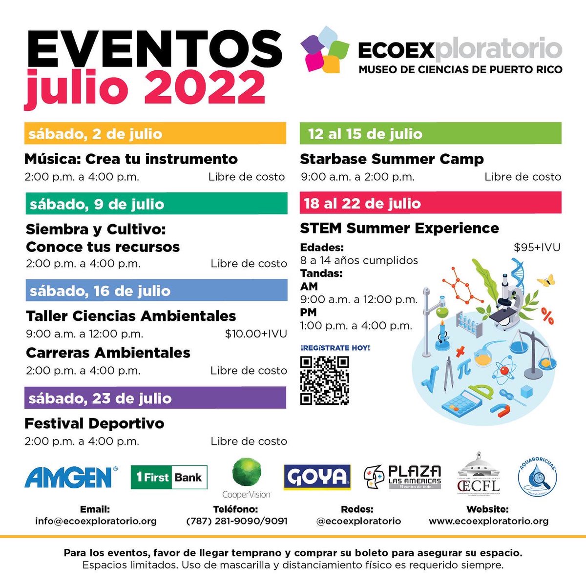 ECOEXPLORATORIO's tweet photo. [CALENDARIO] ¡Llegó julio y la #cienciadivertida del EcoExploratorio: Museo de Ciencias de PR continúa! 🏖 ☀️ 🌊🏀

¡Todos los eventos de los sábados en la tarde son LIBRE DE COSTO!
Espacios limitados, por orden de llegada. 🥳🎊🎉

#cienciadivertida #mimuseopr #cienciavirtual https://t.co/LJncTMeWTq